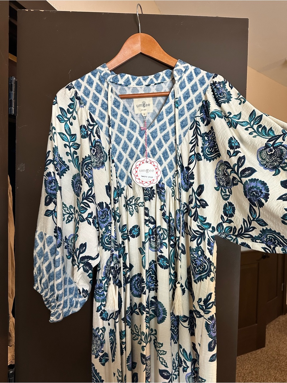 Umgee Blue Floral Bohemian Kaftan Dress